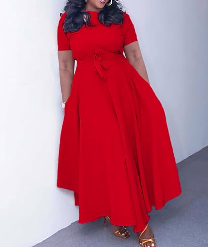 Image of SOMTHRON Women's Casual 3 /4 Sleeve Long Maxi Dress A-Line Flared Solid Wrap Tie Waist Swing Dresses