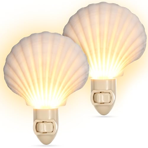 Image of Sea Shell Light - Seashell Night Light Plug in Manual - 2 pc White Clam Sea Shell Night Light Shell - Beach Night Light Plug in - Seashell Light - Bathroom Night Light - Nautical Nightlight Plug in