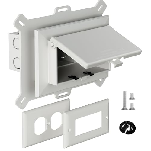 Recessed Outlet Box, DBHS1W-1 Low Profile Electrical Outlet Boxes, Wall Plate Kit for New Vinyl Siding, Enclosed Weatherproof Pack with Duplex & Decorator Style Covers, 1-Gang, Horizontal, White