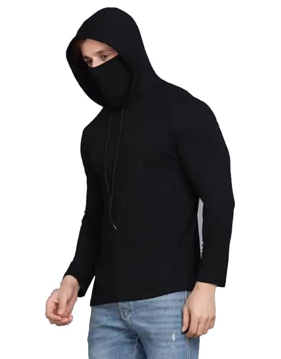 Image of Cotton Solid Men Hooded Neck with Mask Sweatshirt Full Sleeves Hoodie /Sweatshirt for Men (Black) - Pack of 1 || BZ2