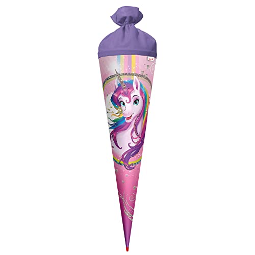ROTH Schultüte Einhornportrait 70cm mit Glittereffekt - rund Rot(h)-Spitze Filzverschluss - Zuckertüte Einhorn Glitzer