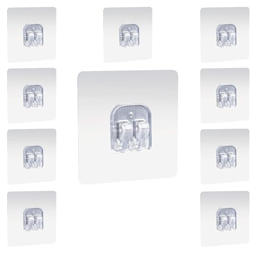 AMIQUS 10 Pcs Hevy Duty Self Adhesive Hook for Hanging Kitchen Item and Other Stainless Steel, Gold Waterproof, Strong Towels, Keys, Utensils,Robes Double-Sided Transparent (Double Claw V Shape)
