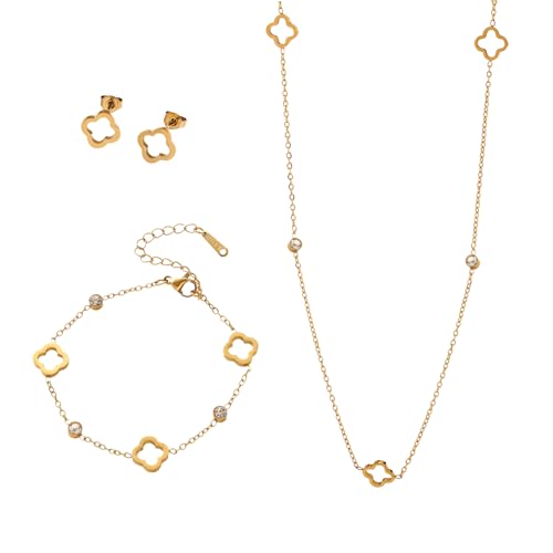 XFSRG 3 Piezas Joyas de Mujer Trébol de Cuatro Hojas Calado Acero Inoxidable Conjunto de Joyeria Hipoalergénico Regalo para Fiestas Aniversarios