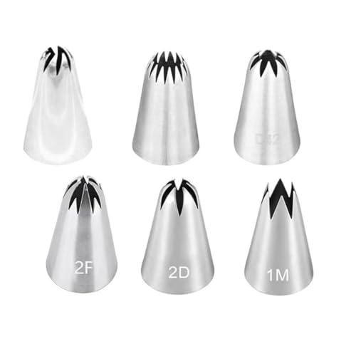 6 Pcs Piping Nozzles Set (2D, 1M, 2F, 6B, D42, 108E) Icing Nozzles Piping Tips Large Cake Decorating Tools for Cakes, Cupcakes, Cookies, Pastries, Sugar Crafts