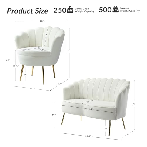 Image of HULALA HOME 3 Piece Velvet Living Room Furniture Set, Including Loveseat & 2 Sofa Chairs, Modern Comfy Upholstered 2-Seater Sofa & Accent Chair Set for Bedroom, Flower Shaped Back & Gold Legs, Ivory