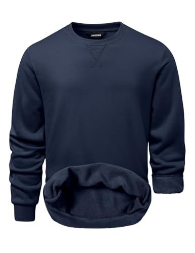 JMIERR Mens Fleece Long Sleeve Crewneck Sweatshirts Sherpa Lined Fall Winter Pullover Sweaters Shirts, L, Navy Blue
