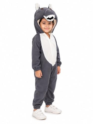 Image of BookMyCostume Grey Donkey Costume with Full Body Jumpsuit with Attached Head Hood - Cute Farm Animal Fancy Dress - School Annual Day, Jungle Theme Party, and Stage Dance Drama Costume | 4-5 Years