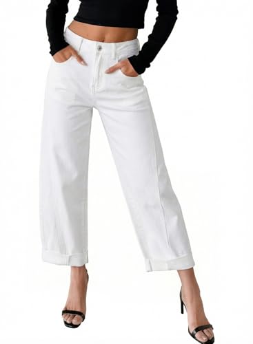 Image of Sidefeel Barrel Jeans for Women High Waisted Wide Leg Baggy Stretchy Trendy Raw Rolled Hem Capri Cropped Ankle Denim Pants