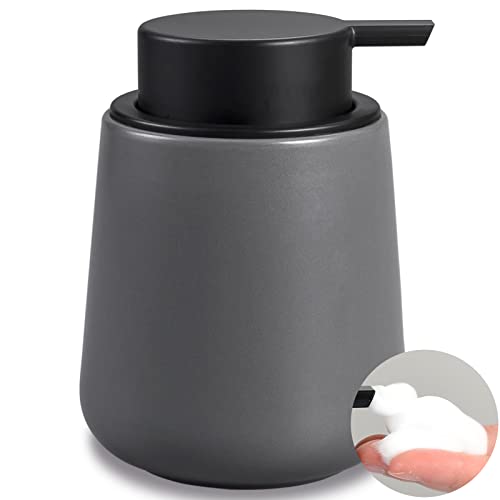 BosilunLife Foam Soap Dispenser - 12 oz Bathroom Lotion Hand Pump Dispenser Grey Foaming Soap Dispenser Ceramic Dish Liquid Dispenser for Kitchen Hand Wash Dispenser Grey Foam Dispenser Cera