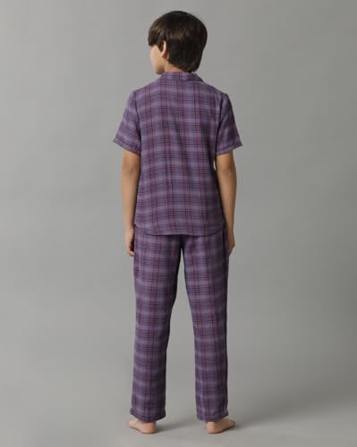 Image of Under Fourteen Only Boys Cotton Night Suit Set for Kids | Stylish Checkered Shirt and Pajama Combo | Comfortable Nightwear and Loungewear for Boys | Half Sleeves | Purple (6 Years-7 Years)