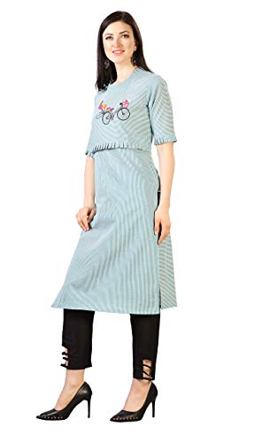 Image of EthnicJunction Women's Pinstripe Cotton Blend Cycle Embroidery with Ruffle Lace Work Straight Kurti
