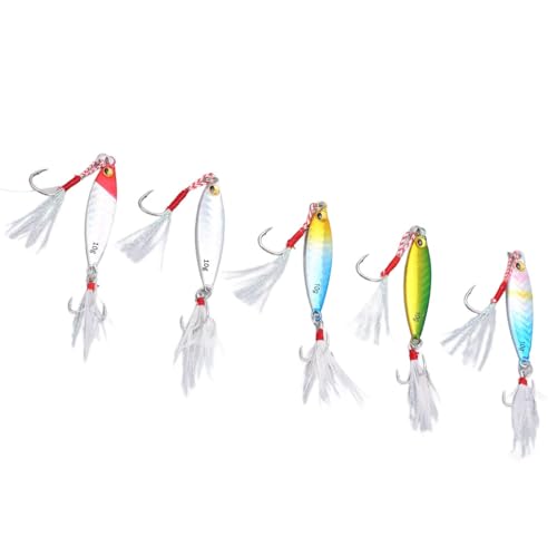 equlup Señuelo metálico para Pesca, 5 Unidades de 10g señuelos metálicos Artificiales con Plumas y anzuelos de Acero Inoxidable Aparejos de Pesca para Trucha y lubina