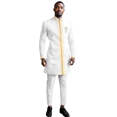 Men`s Suit Gold Embroidery Blazer and Pants Set Dashiki Jacket Traditional African Clothes with Chain3