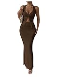 GORGLITTER Tracksuit Womens Full Set Skirt and Top Set Twist Slit Halter Top Fishtail Long Skirt Party Outfits Brown Large