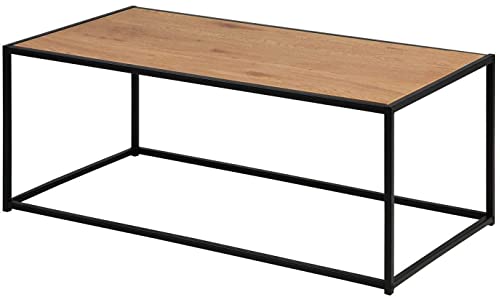 Alguer Living - Giuanne - Mesa De Centro Madera Efecto Roble, Mueble de Salón, Mesa Baja Rectangular, Mesa de Centro Industrial de Metal, Color Negro H50xW100xD40cm