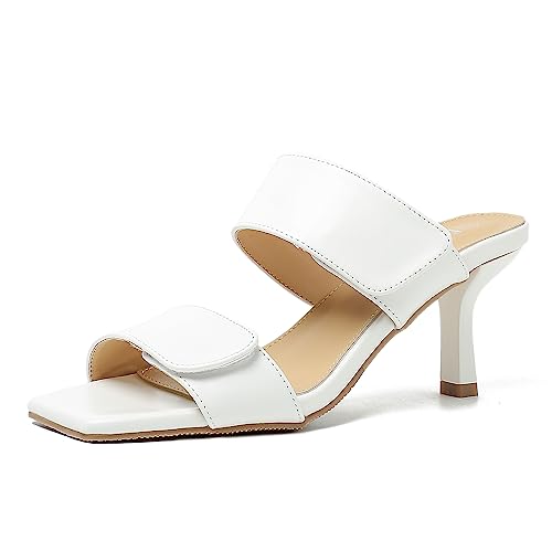 fereshte Womens 2 Strap Slip On Heeled Sandals Open Toe Adjustable Straps Kitten Heels Matte White 43 - US 10.5