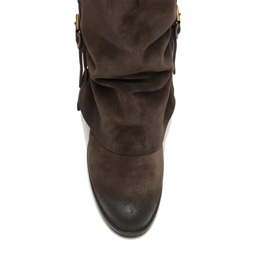 Fold Over Knee High Boots Women Wide Calf Round Toe Long Boots Chunky Block Heels Pull on Tall Boots with Adjustable Buckle4