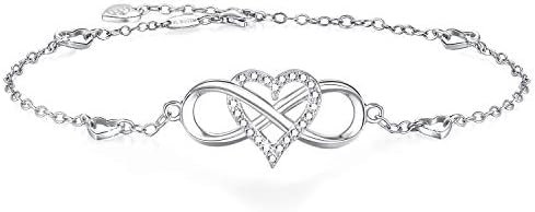 BlingGem Anklet Bracelets for Women Infinity Heart Charm 18K White Gold-Plated 925 Sterling Silver CZ Infinity Heart Silver Anklets for Women Birthday Christmas Anniversary Valentine's and Mother's Day Gifts for Women Wife Mom Girlfriend Daughter Friend Her