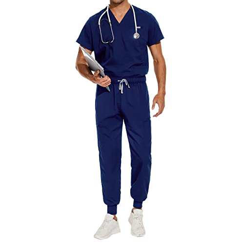niaahinn Scrub for Scrubs Top with classic V-neck & Yoga Jogger Pants medical Nursing Uniform scrub set (Navy Blue,L,Large)