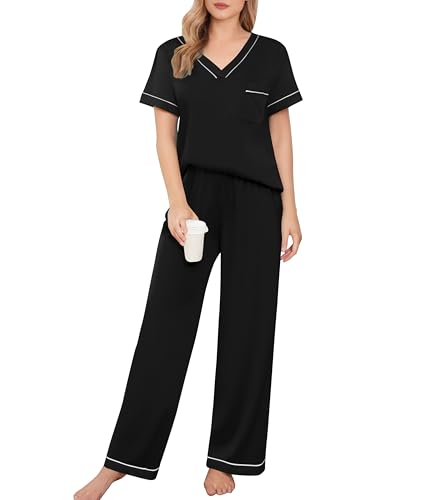 Ekouaer Women's Pajama Sets Short Sleeve V Neck Sleepwear Nightwear Soft Pjs Lounge Sets with Pocket