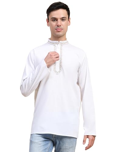 Image of SKAVIJ Men's Cotton Embroidered Kurta Shirt - Long Sleeve Traditional Indian Tunic for Casual