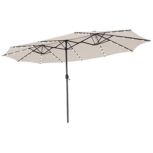 COSTWAY Sombrilla Terraza Exterior Doble 470 x 280cm, Sombrillas Jardin Grandes con 48 Luces LED, Panel Solar de Carga automática, Sistema de Manivela, Parasol Terraza Exterior Playa (Beige)