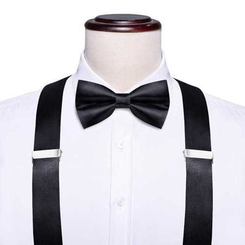 Image of Hi-Tie Men Suspender Bowtie Set Suspenders Pre-tied Bow Tie Pocket Square Cufflinks Adjustable Y Shape 6 Clips Braces Tuxedo