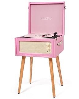 Turntable with Stand, 3-Speed Recording Player with Built-in Speakers and Removable Legs, Pink