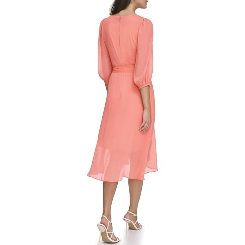 Image of DKNY Women's Chiffon Balloon Sleeve Faux Wrap Midi Dress with High-Low Hem