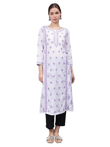 Image of Seva Chikan Hand Embroidered Lucknowi Chikankari Cotton Straight Kurta for Women SCL4567