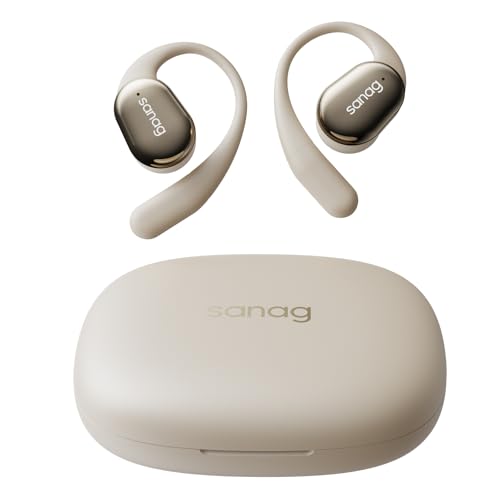 SANAG C16S Open Fit for Open-Ear True Wireless Bluetooth Headphones with Microphone, Earbuds with Earhooks, Sweat Resistant, Fast Charging, 56HRS Playtime (Beige)