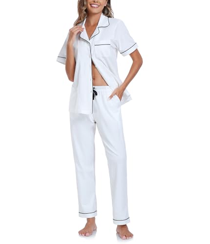 Image of CF Womens 100% Cotton Pajamas Set Button Down Pjs Sets Short Sleeve Top & Long Pants Sleepwear Comfy Loungewear with Pockets