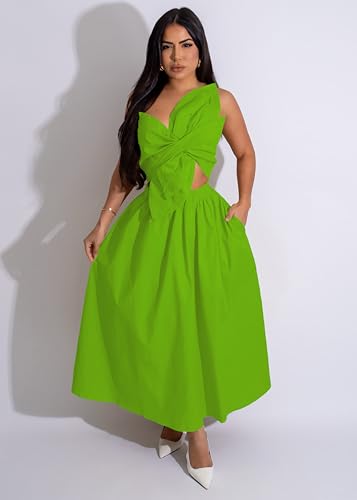 Image of YUEWOO Midi Dresses for Women Casual Summer Sundresses Vacation Outfits Spaghetti Strap Smocked Women Maxi Dress with Pockets