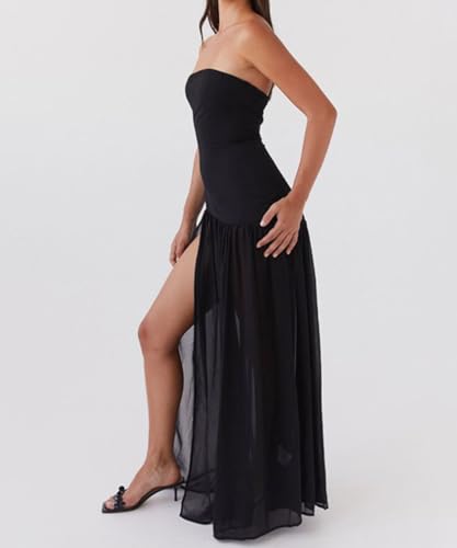 Image of Willow Dance Women Tube Top Dress Printed Mesh Patchwork Maxi Dress Strapless Sexy High Slit Long Dresses Party Clubwear