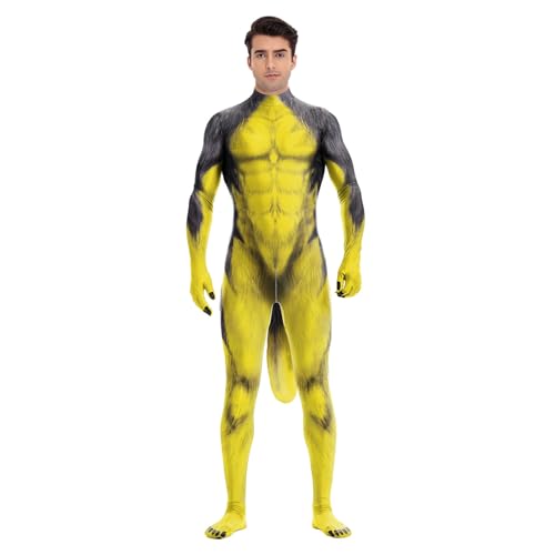 Image of Animal Full Bodysuit for Men Muscle Spandex Jumpsuit Furry Costume with Big Tail for Adult Cosplay Halloween Party