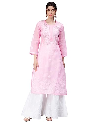 Image of Seva Chikan Hand Embroidered Lucknowi Chikankari Cotton Kurta Kurti for Women SCL4316