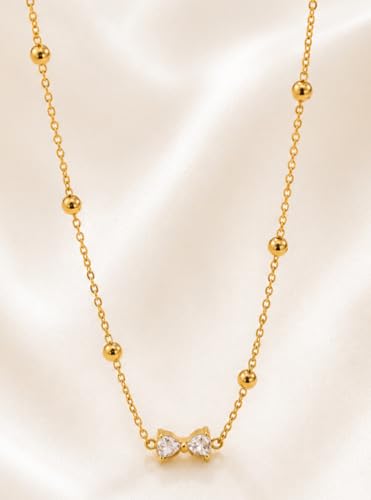 Image of Gold Plated Stainless Steel Bow Pendant Necklace, Anti Tarnish, Cubic Zirconia Charm, Beaded Chain