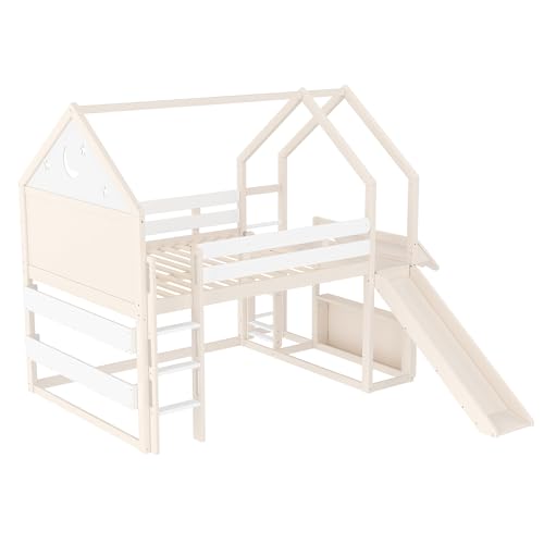 Image of Bellemave Bunk beds Full Over Full with Slide and Stair and Bookshelf Playful Design, Low bunk /loft Bed for Kids，Beige