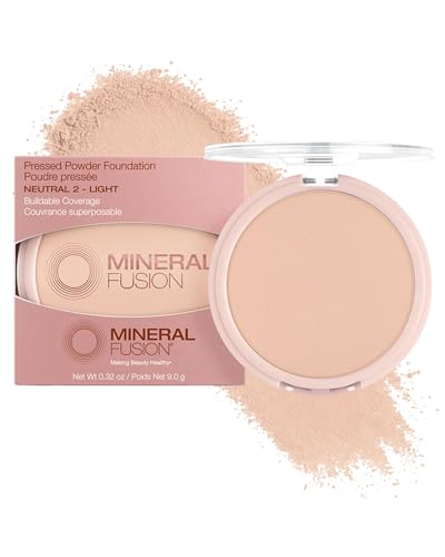 Mineral Fusion Pressed Powder Foundation, Neutral 2 - Fair/Med Skin w/Neutral Undertones, Age Defying Foundation Makeup with Matte Finish, Talc Free Face Powder, Hypoallergenic, Cruelty-Free, 0.32 Oz