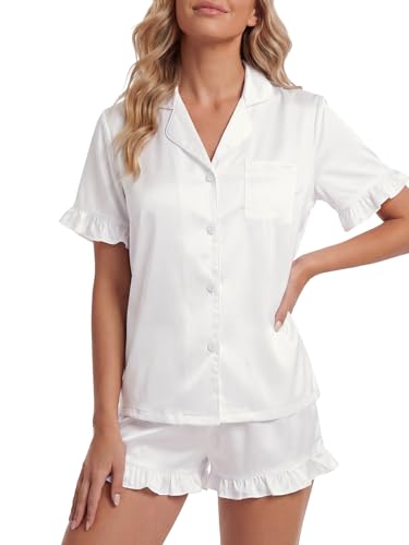 Image of Umenlele Women's 2 Piece Satin Pajama Set Cute Ruffle Short Sleeve Button Down Shirt with Shorts Summer Pjs