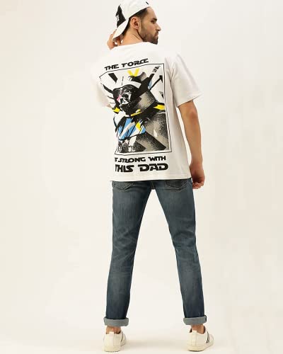 Veirdo White Oversized Cotton Star Wars Print Crew Neck T-Shirt for Men