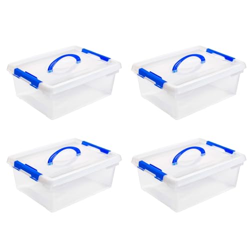 Tradineur - Pack de 4 cajas de Almacenamiento N.º 30 - Incluyen Asa y cierre clip - Capacidad de 9 Litros - Fabricado en España - Tamaño aprox.: 13,5 x 37,4 x 28,8 cm