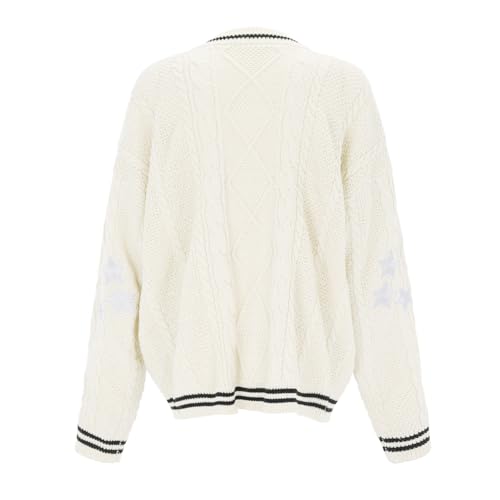 Image of Women's Long Sleeve Cardigan V Neck Stars Button Down Oversized Open Front Sweaters Casual Cable Batwing Knitted Coat
