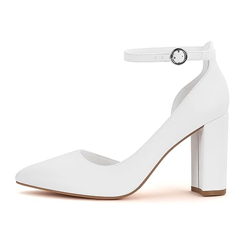 Women's Closed Toe Pumps 3 Inch Chunky Heels Pumps Ankle Strap Dress Wedding Shoes,White Pu A,8