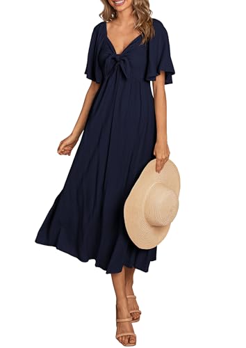 PRETTYGARDEN Summer Dress for Women 2025 Casual Short Sleeve Bow Tie V Neck Ruffle Midi Flowy Dresses (Dark Blue,Medium)