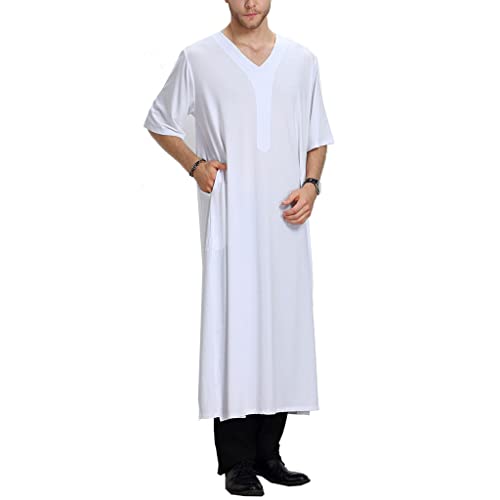 Men Sleepwear Robes Arabic Clothes Short Sleeve Dubai Kaftan Islamic Thobe Long Pajamas Nightgown M-XL