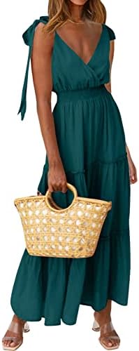 PRETTYGARDEN Women's Cross Neck Summer Sleeveless Tiered Maxi Dress Beach Tie Strap Smocked Long Dresses Pleated Sundress