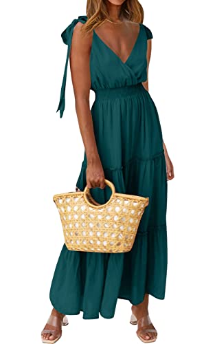 Image of PRETTYGARDEN Women's Cross Neck Summer Sleeveless Tiered Maxi Dress Beach Tie Strap Smocked Long Dresses Pleated Sundress