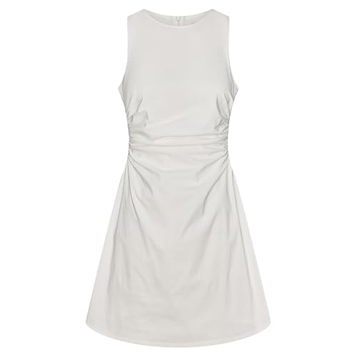 URBAN REVIVO Women's White Sleeveless Ruched Waist Mini Dress Crew