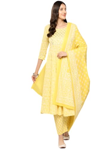 INDACORIFY Indian Printed Cotton Kurti Beautiful Floral Print Casual Dress with Pant Dupatta Set for Women's and Girls Suit